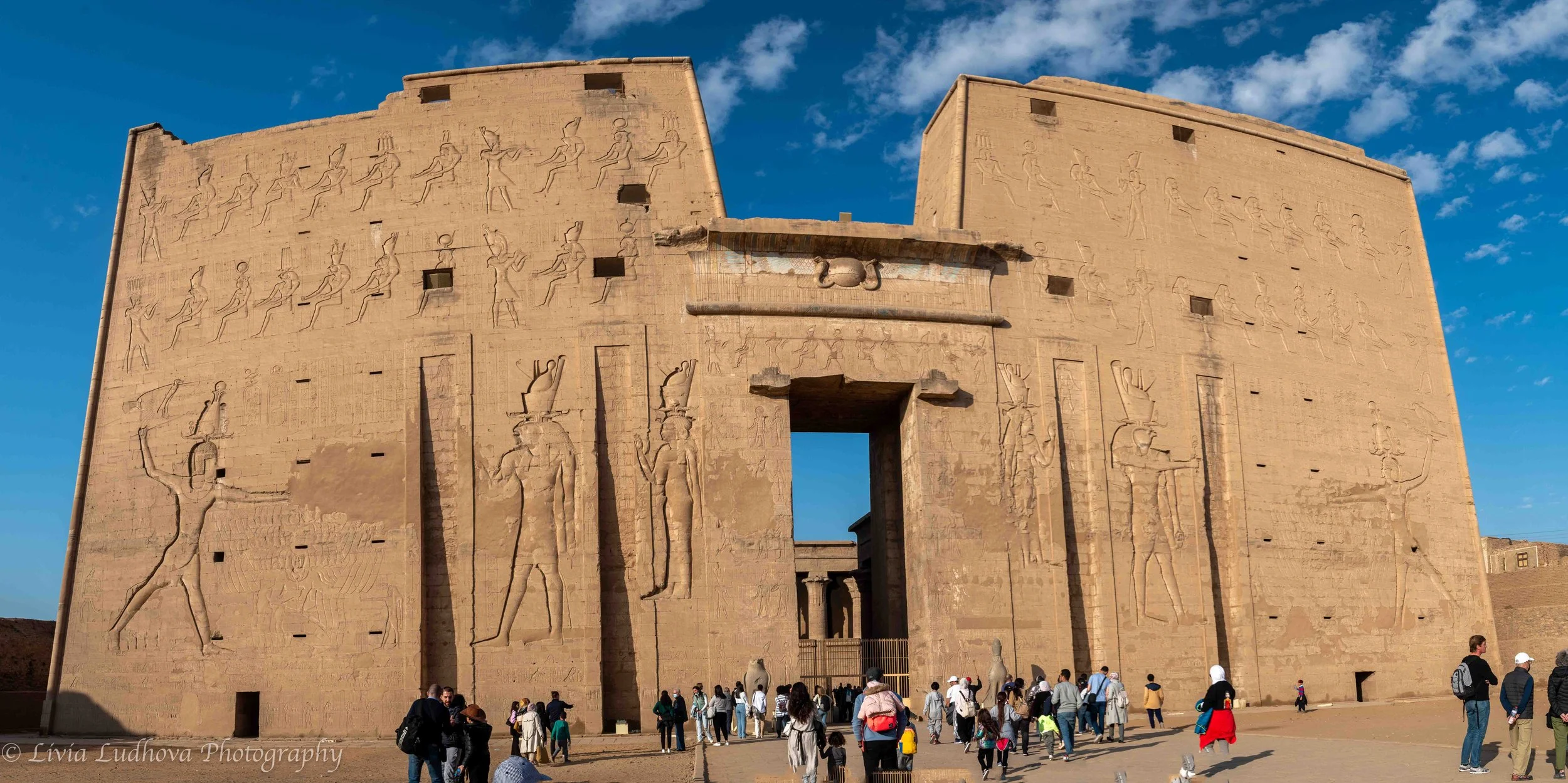 The monumental pylon of the Temple of Horus rises about 36 meters—roughly the height of a 12-storey building—making it one of the tallest and most imposing temple gateways in Egypt.