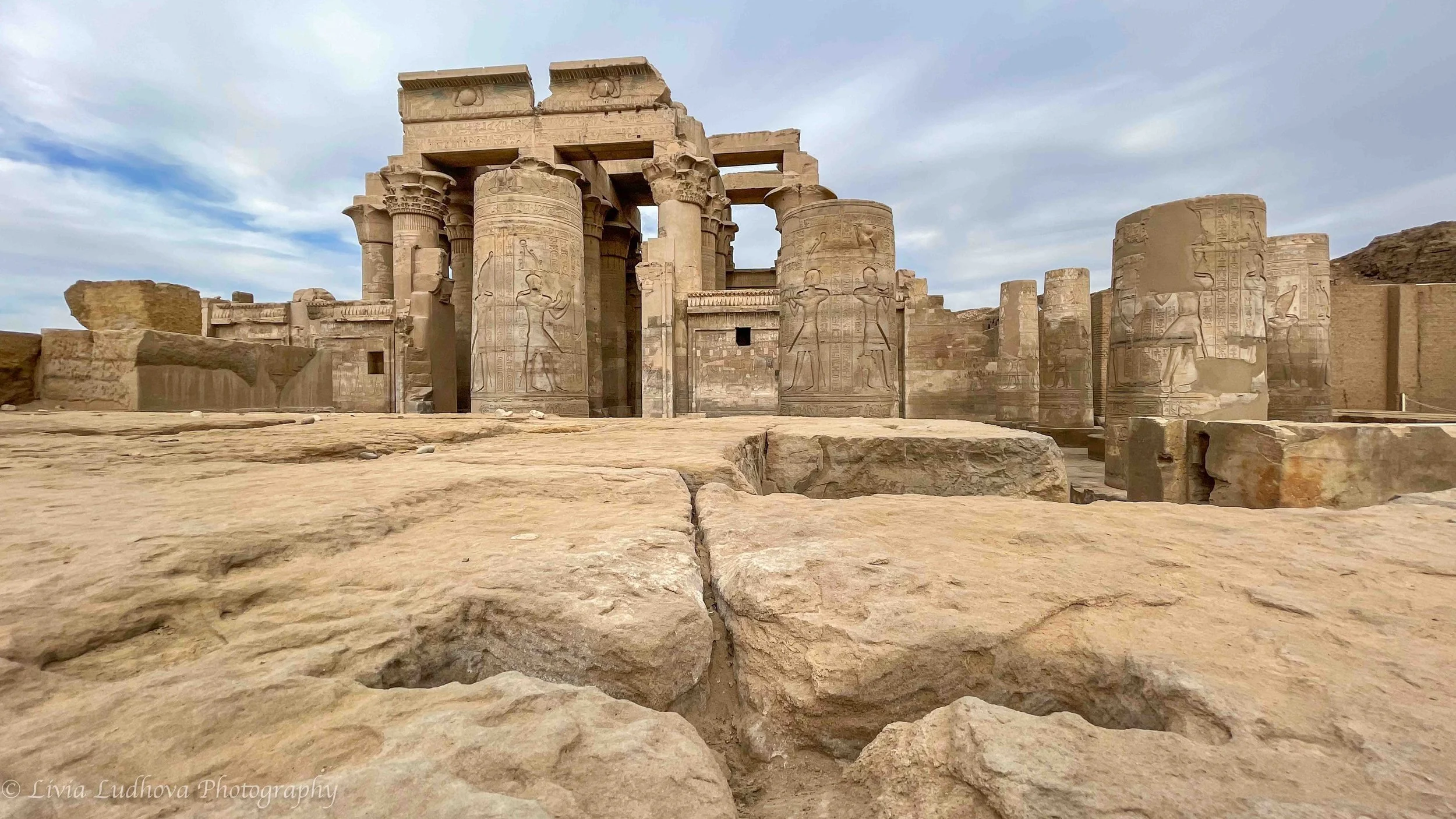 Temple of Kom Ombo - construction detail in contrast with a general view.