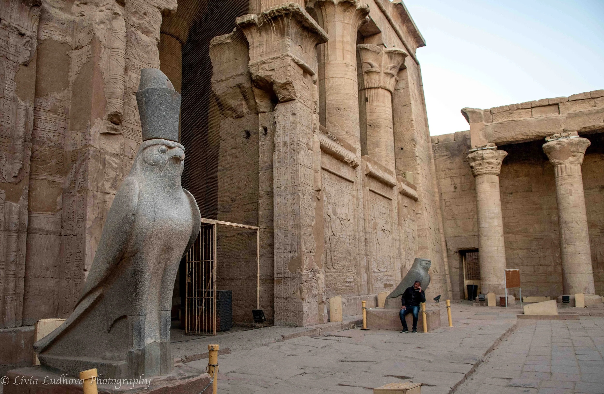 A falcon statue of Horus stands watch at the entrance of Edfu Temple, its scale echoing the monumental architecture of the Ptolemaic sanctuary behind.