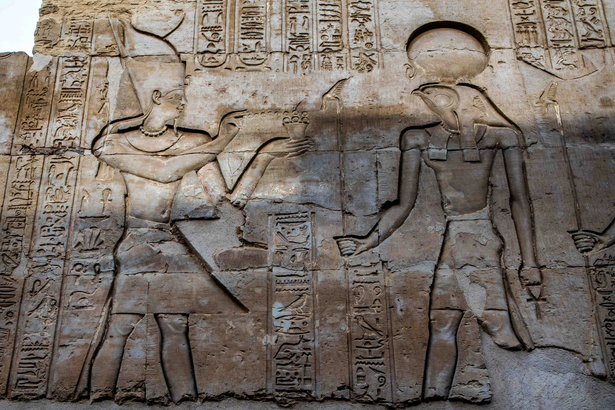 Ritual scene with Horus and king — Pharaoh shown performing offerings, maintaining maat (cosmic order).