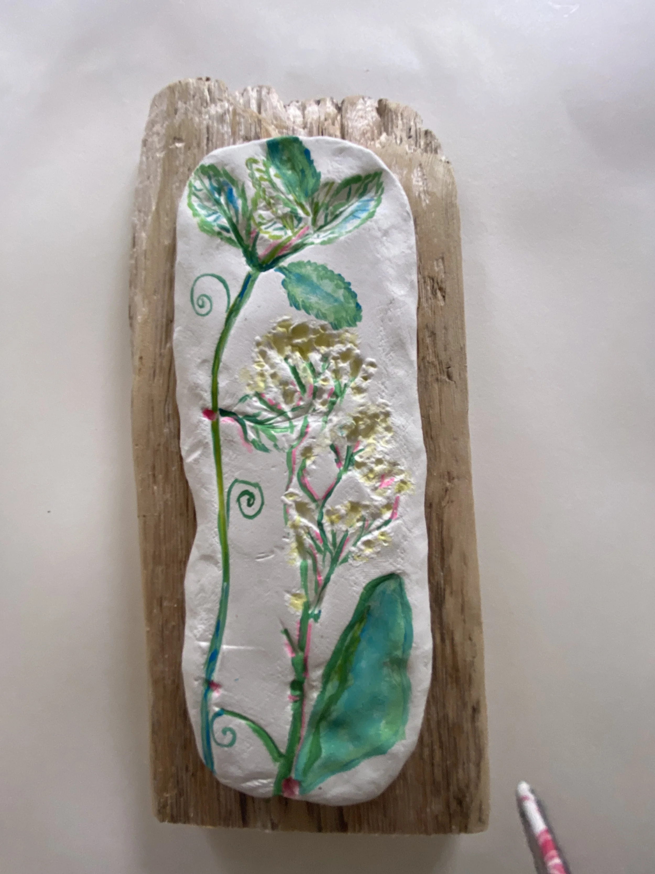 Botanical Imprinted Dry Clay Flowers On Driftwood