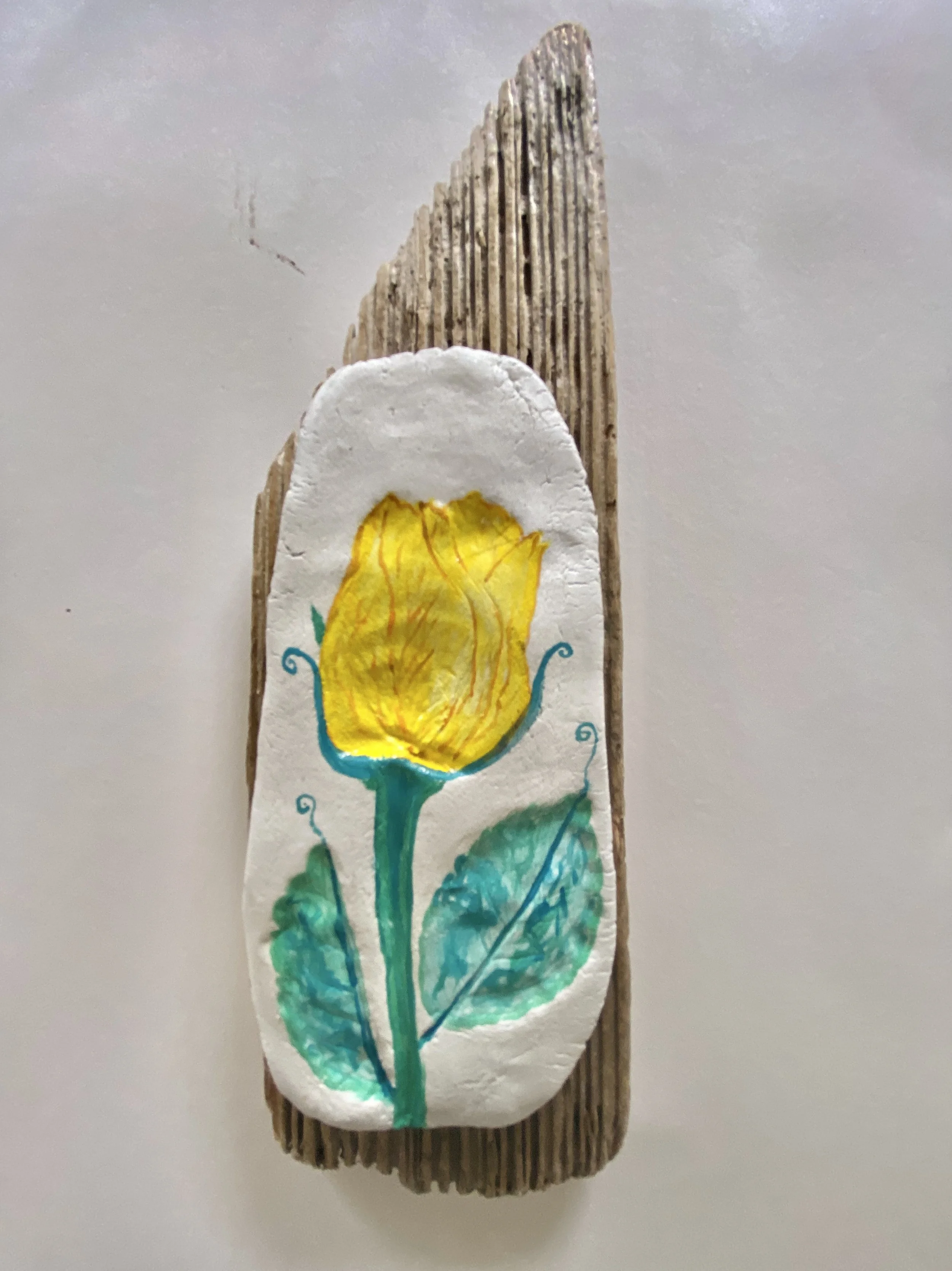 Botanical Imprinted Dry Clay Yellow Rose On Driftwood