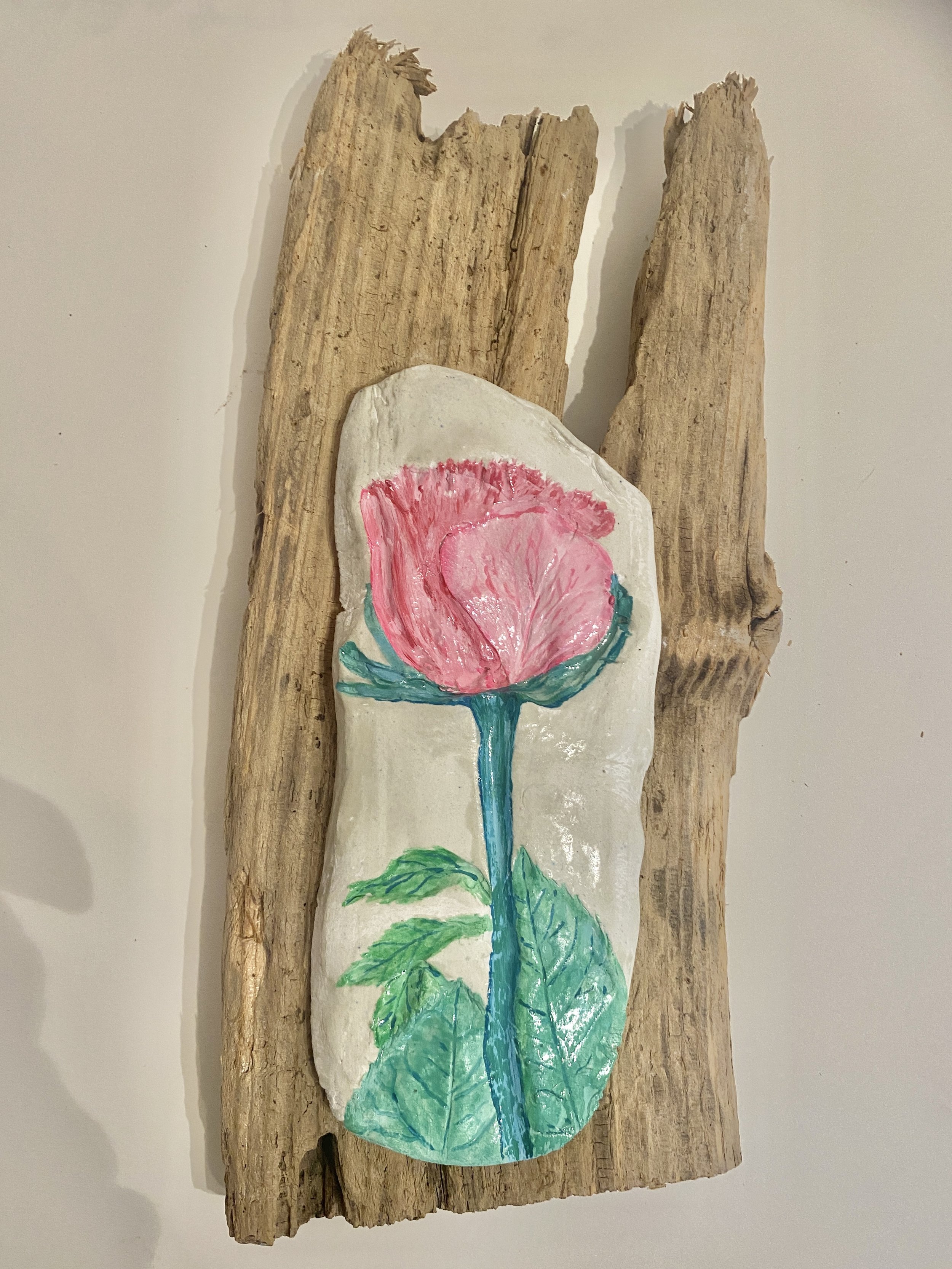 Botanical Imprinted Dry Clay Rose On Driftwood