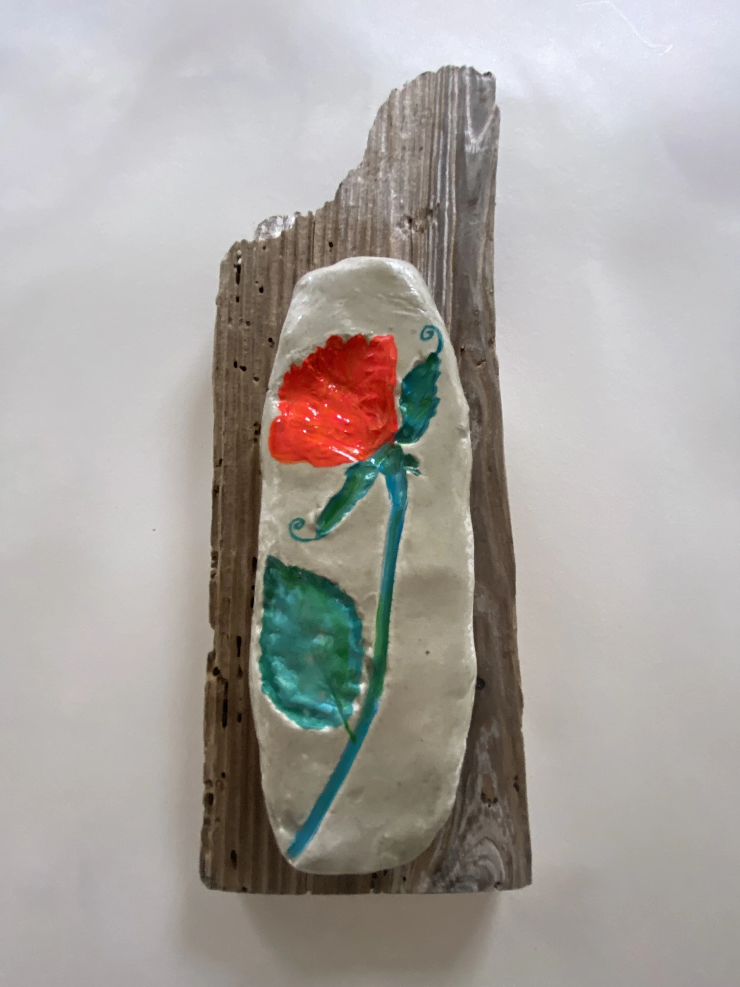 Botanical Imprinted Dry Clay  Rose On Driftwood