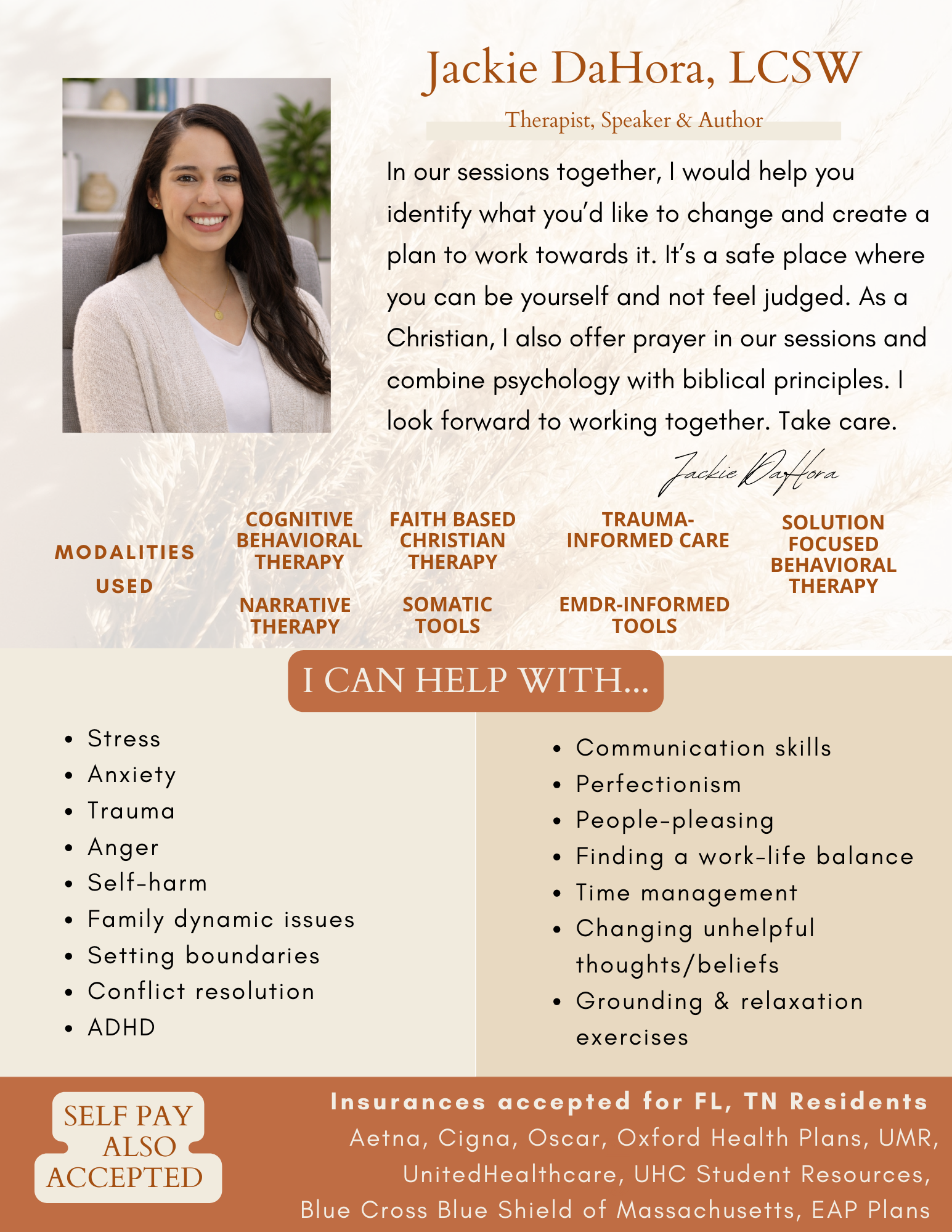 A professional counseling or therapy flyer featuring Jackie DaHora, LCSW. It includes her photo, credentials, and a message about her mental health services. The flyer lists therapy modalities used, types of therapy offered, and the issues she helps with, such as stress, anxiety, trauma, and anger. It also mentions services for faith-based Christian therapy, trauma-informed care, and other therapeutic tools. The flyer states that insurance is accepted and offers a self-pay option.