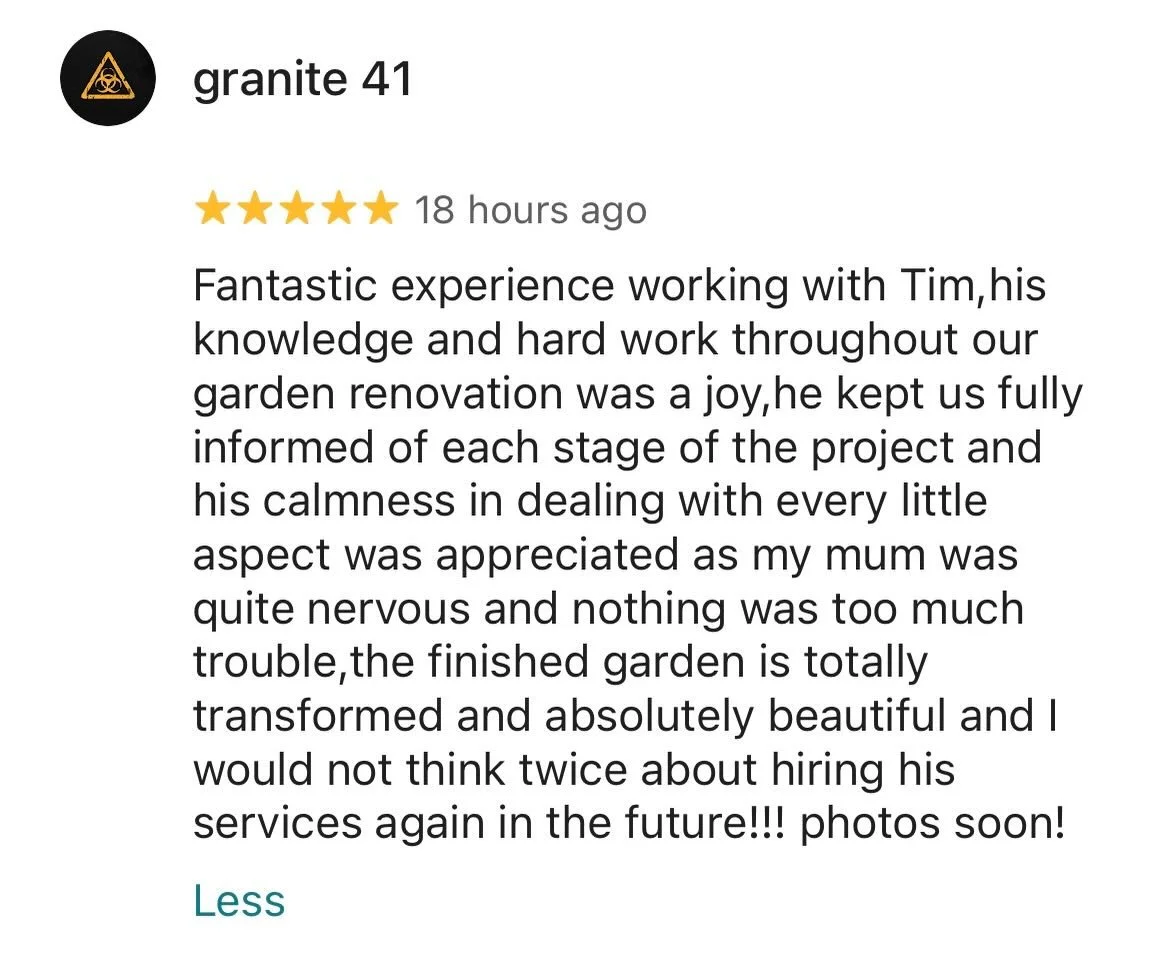 Another 5 star review from our latest project. Very happy to receive such kind words when you give everything to a project. 

#gardendesign #westdidsbury #didsbury #heatonmoor