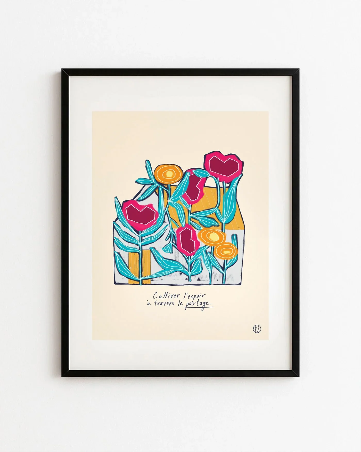 Une affiche colorée représentant un bouquet de fleurs stylisées avec des feuilles bleues, des grandes corolles roses et des fleurs jaunes. En dessous, il y a une citation en français : « Cultiver l'espoir à travers le partage ».