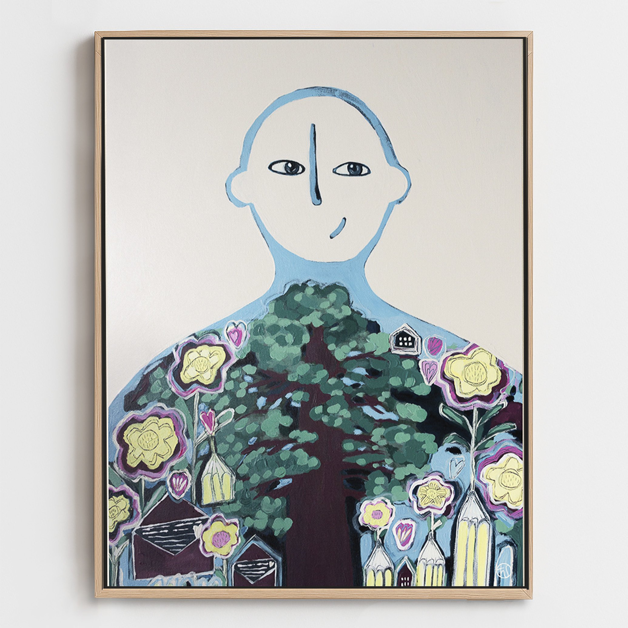 Une peinture représentant une silhouette humaine avec un visage minimaliste, dont le corps est un arbre avec des fleurs colorées et de petites maisons.
