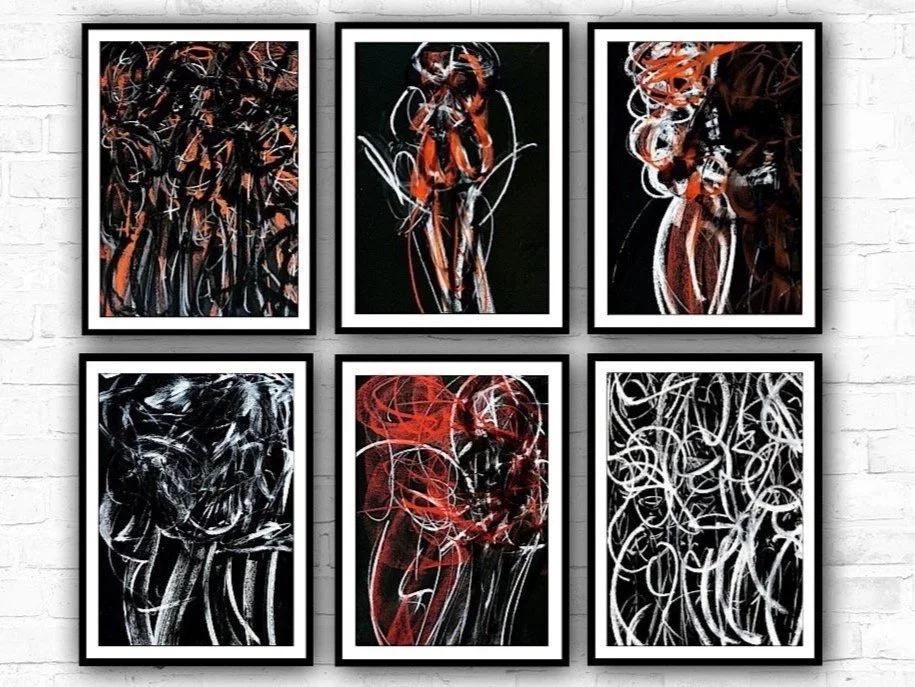 Anatomy of a Fall, oil, charcoal and wax on paper, polyptych, 100 x 114 cm, 2024