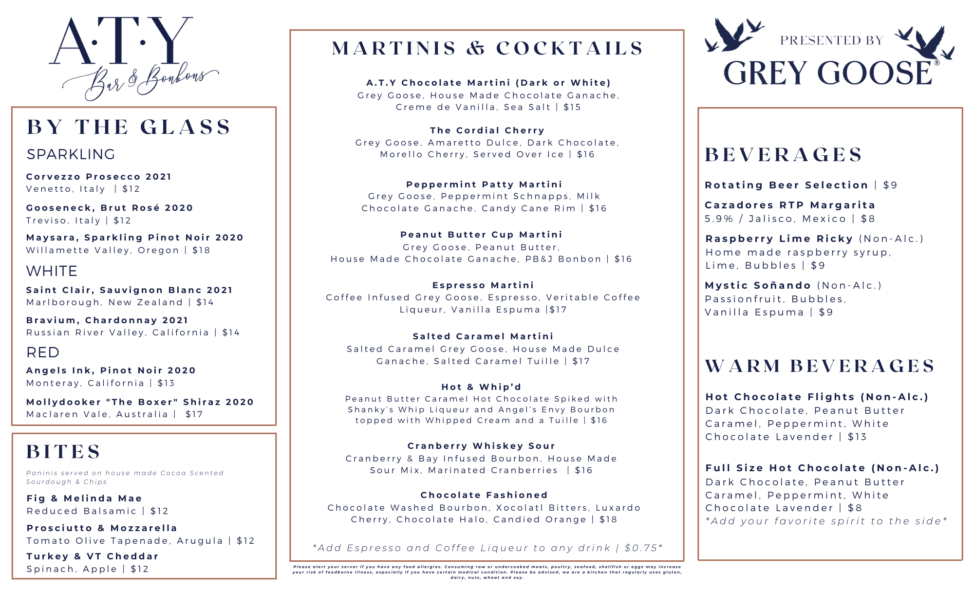 Menu — A.T.Y. Bar & Bonbons