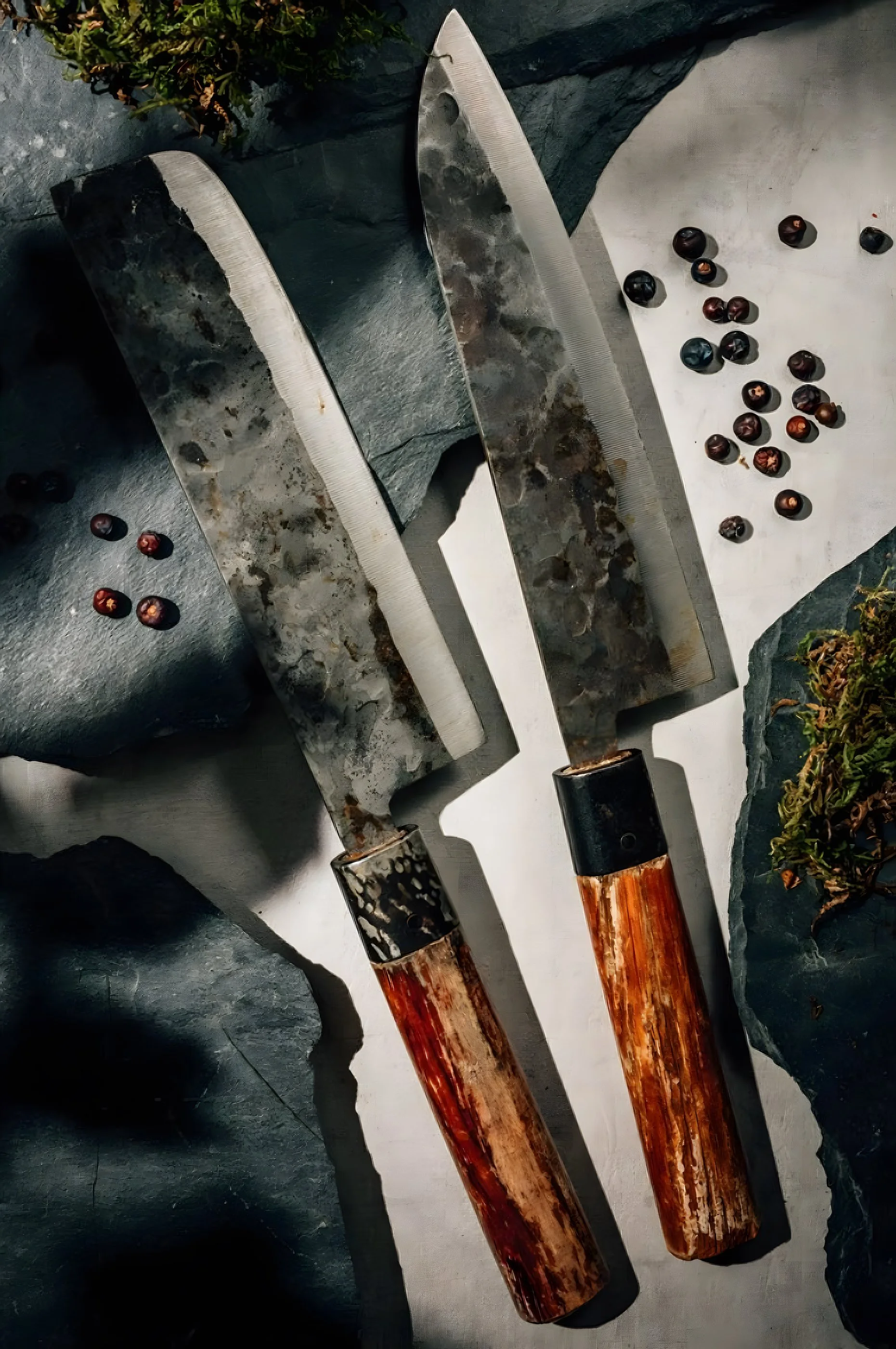 Zwei große, rostige Messer mit Holzgriffen auf grauem Steinuntergrund, umgeben von schwarzen und roten Beeren und schwarzen Steinen.