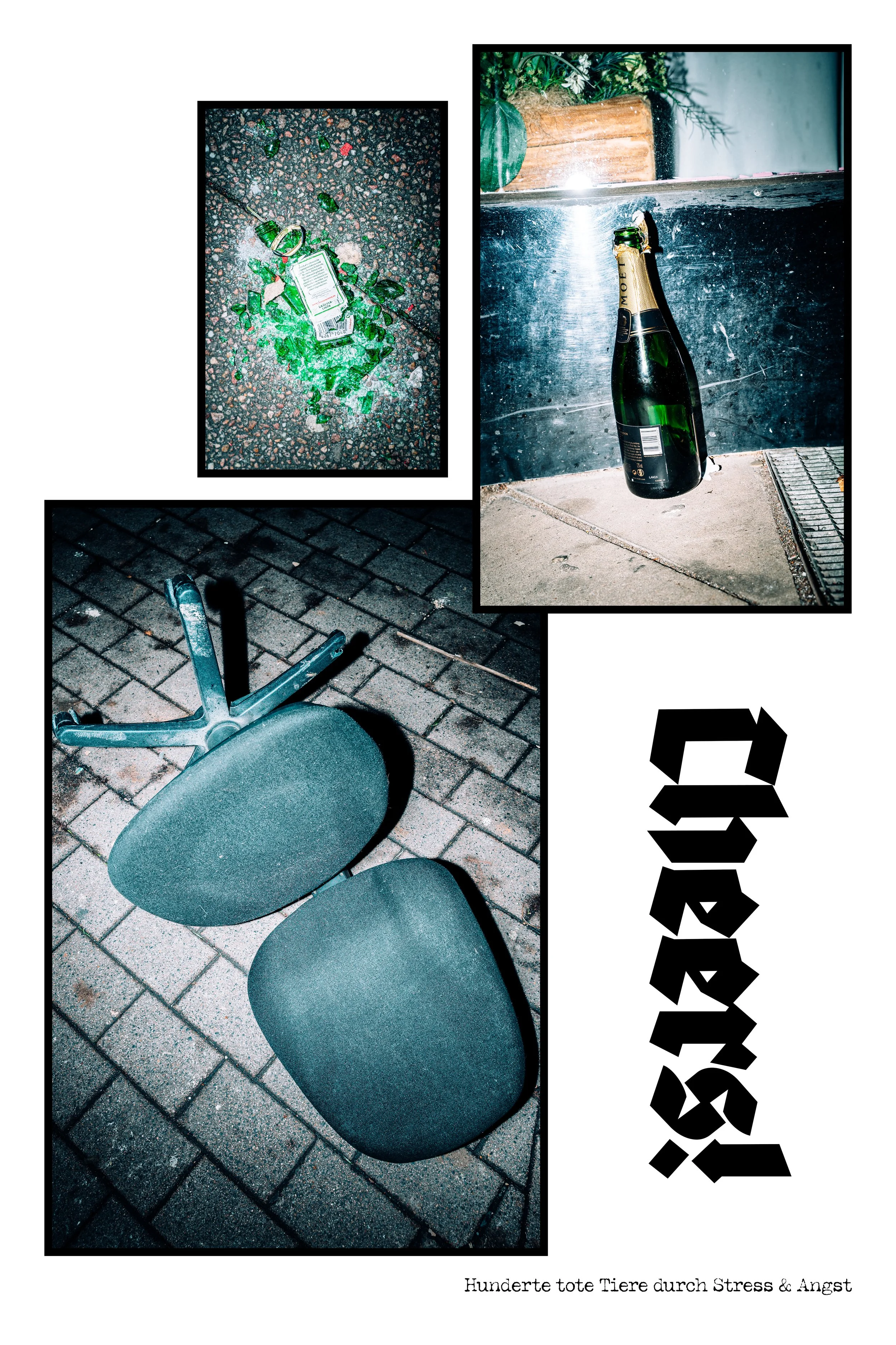 Collage mit zerbrochenen Flaschen, umgestürztem Stuhl und einem schwarzen Schriftzug "Stress". Untertitel: "Hunderte tote Tiere durch Stress & Angst."