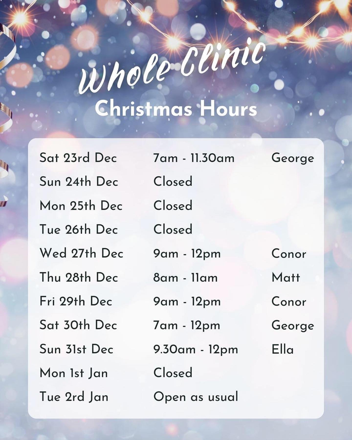 PCC Holiday Hours - books are already getting busy as we approach the end of the year!! 

Call 020 87856144 to make your pre Chrissie appointment 🎄💆