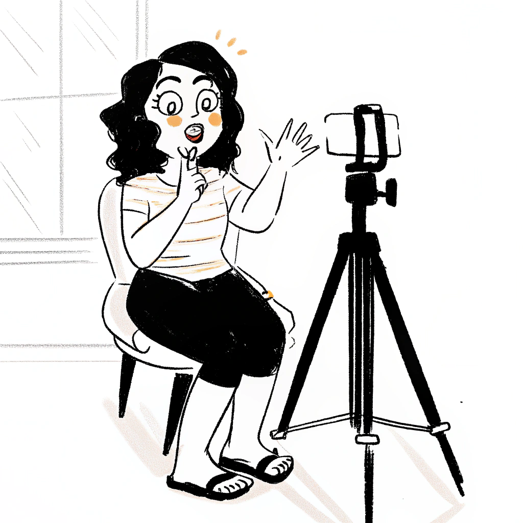 A woman sitting on a chair in front of a camera tripod, appearing to record a video or participate in a virtual meeting.