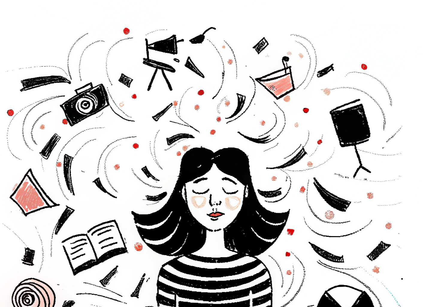 Stylized illustration of a woman with closed eyes surrounded by floating objects such as books, cameras, paintings, and musical equipment, depicting artistic or creative thoughts.