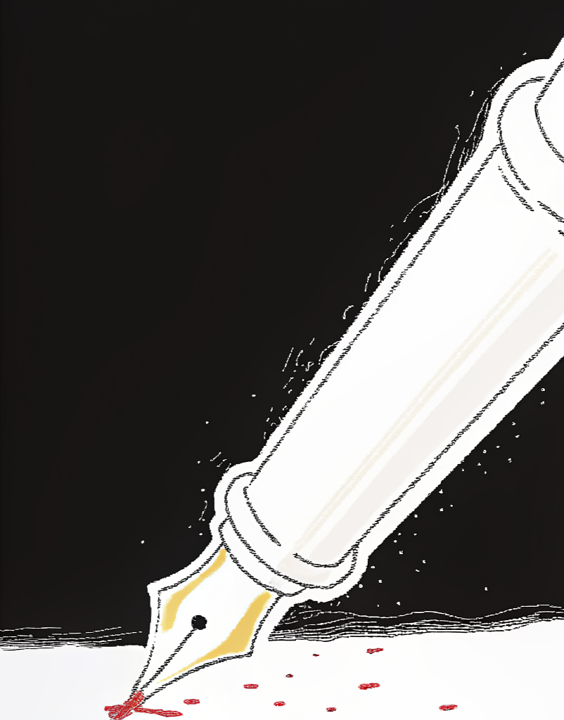 A vector illustration of a fountain pen writing on paper with red ink spots.