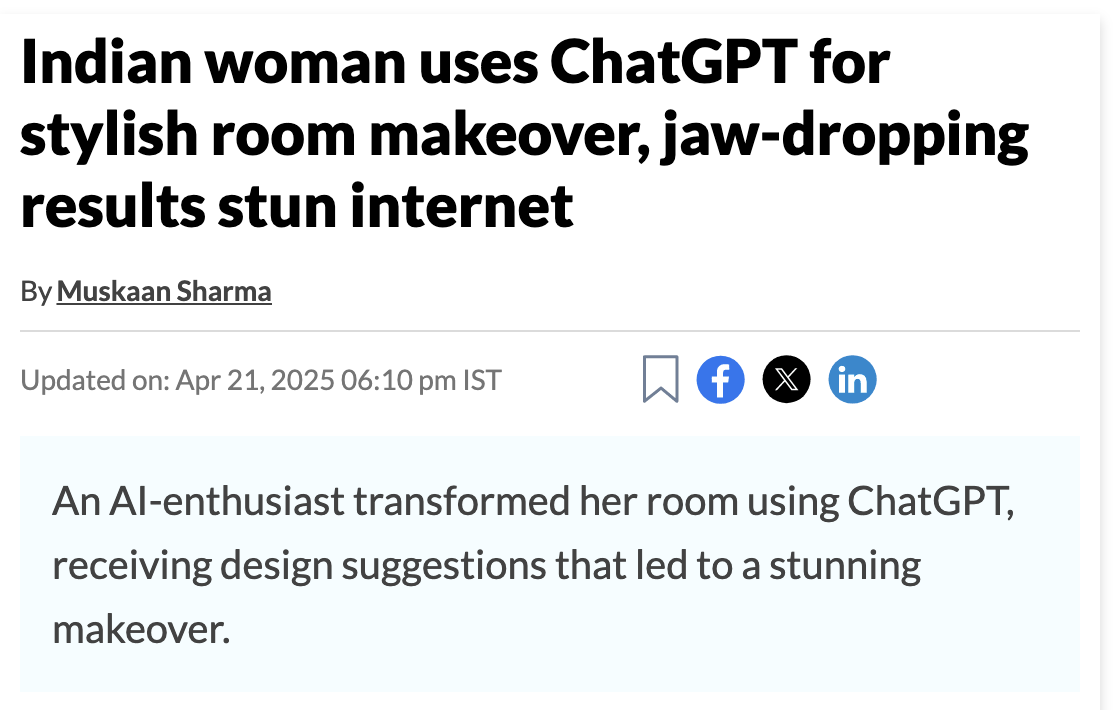 Screenshot of an article headline about an Indian woman using ChatGPT for a room makeover, with a brief description of her transforming her room using design suggestions from ChatGPT.