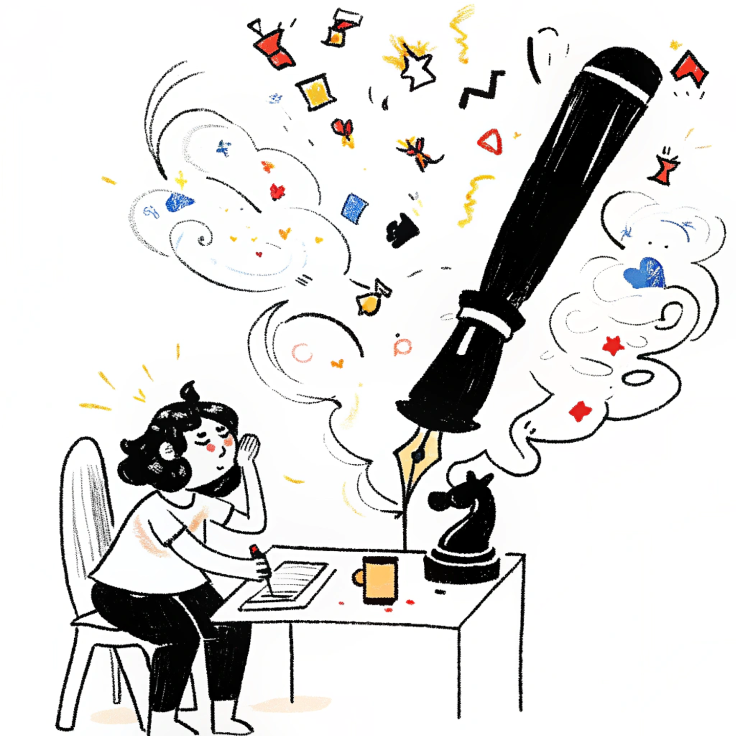 A woman sitting at a desk with a pen and paper, imagining a large fountain pen, stars, hearts, and musical notes in her thought bubble, with a chess knight piece on her desk.