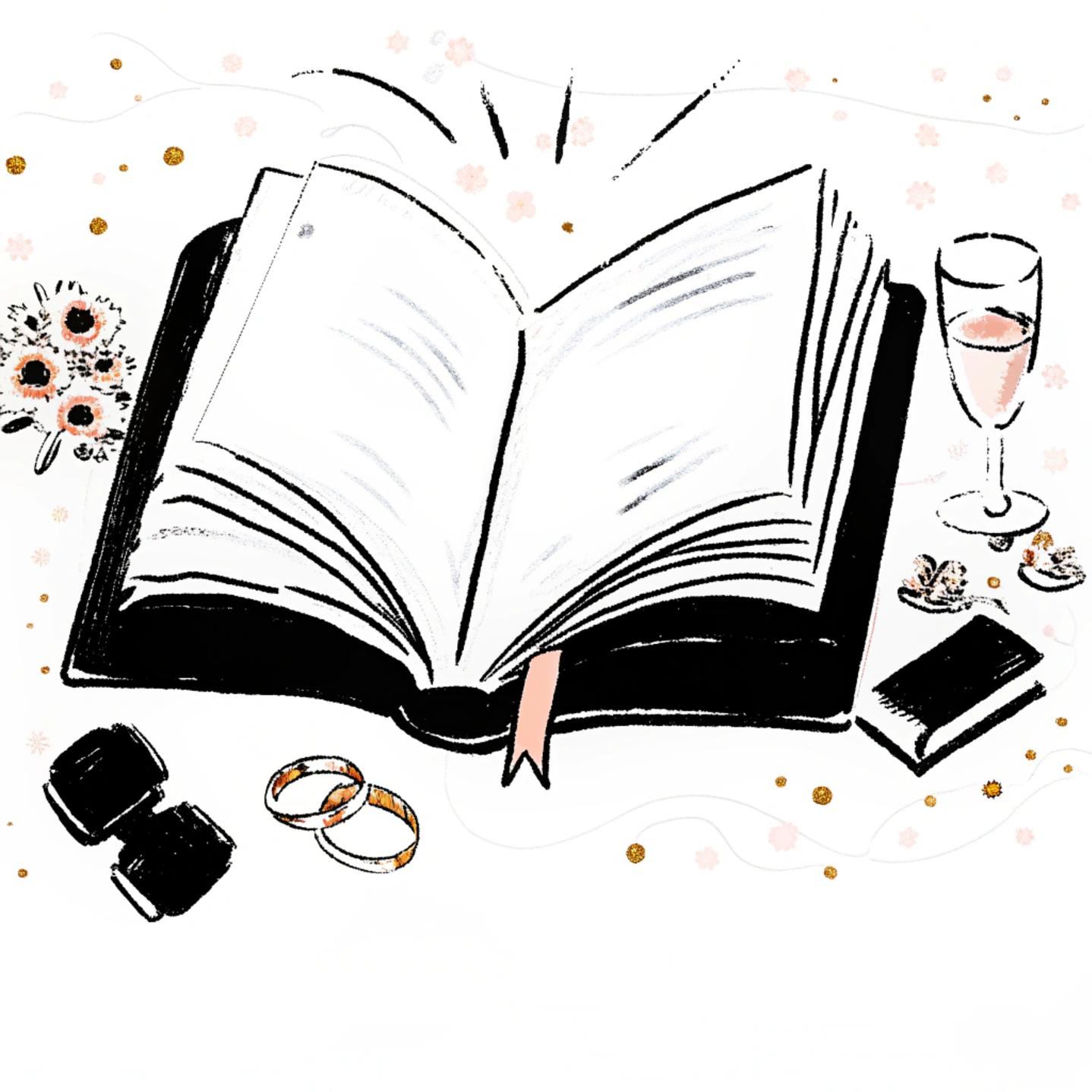 An open book with a pink ribbon bookmark, surrounded by a glass of wine, a closed book, a pair of black dumbbells, two wedding rings, and small floral and glitter accents.