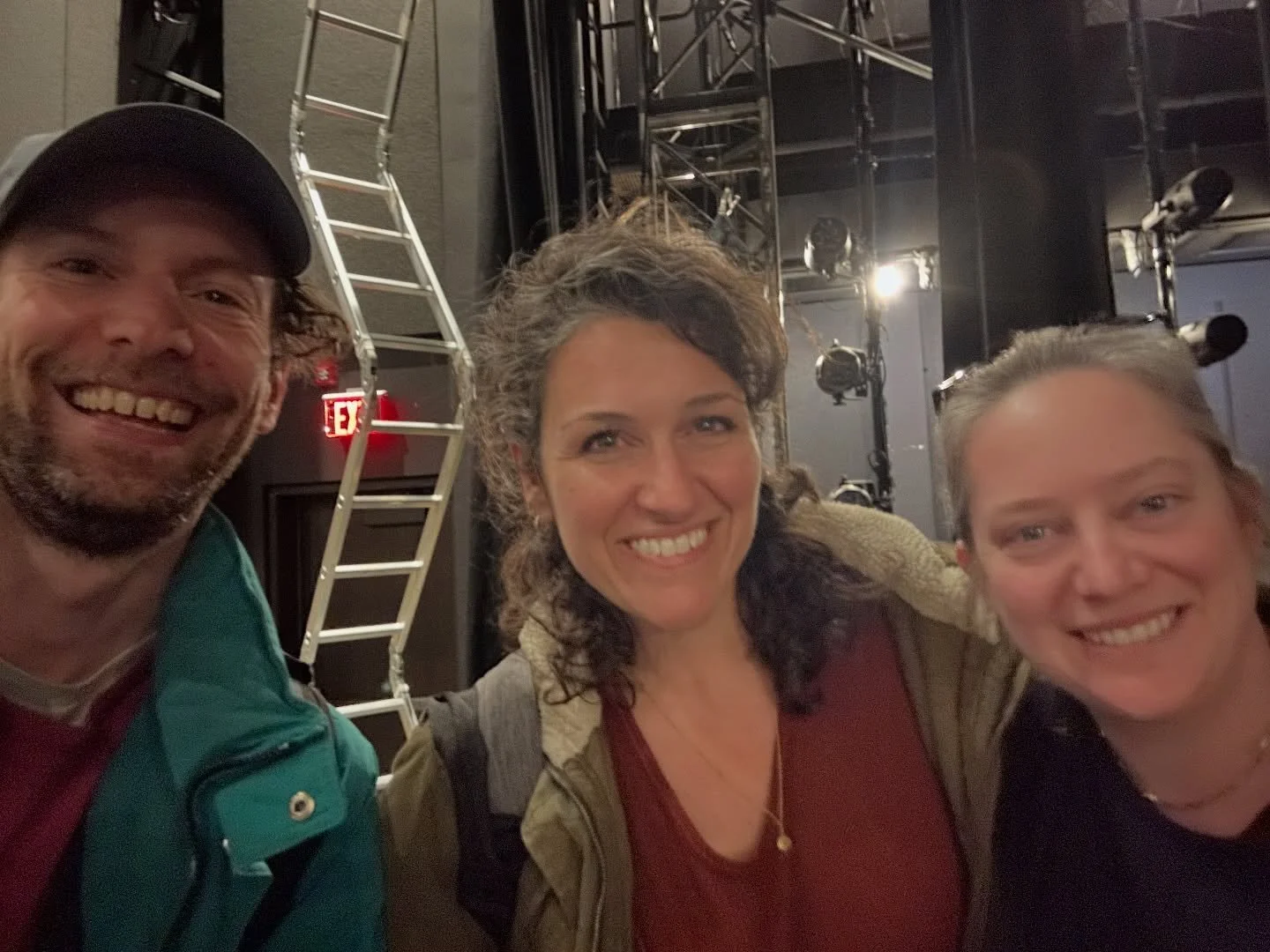 What a great team! From left to right: Michael Long (video designer and Qlab programmer), Aly Docherty (lighting designer), and Allie Emmerich (Production Manager and Stage Manager) for Urban Scuba by Brian Sanders&rsquo; Junk! 🏙️🤿🪜#eventprofs #te
