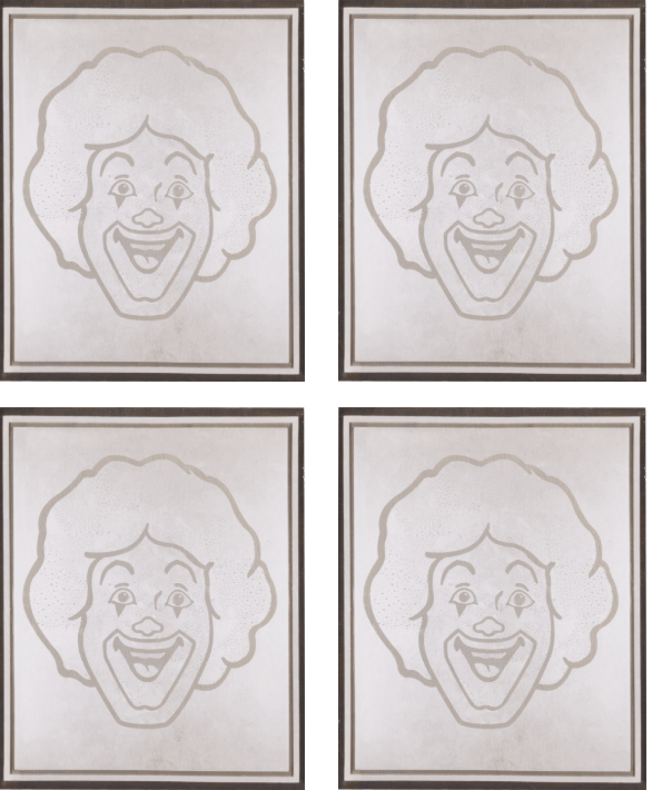Four framed illustrations of a happy cartoon woman's face with curly hair, arranged in a 2x2 grid.