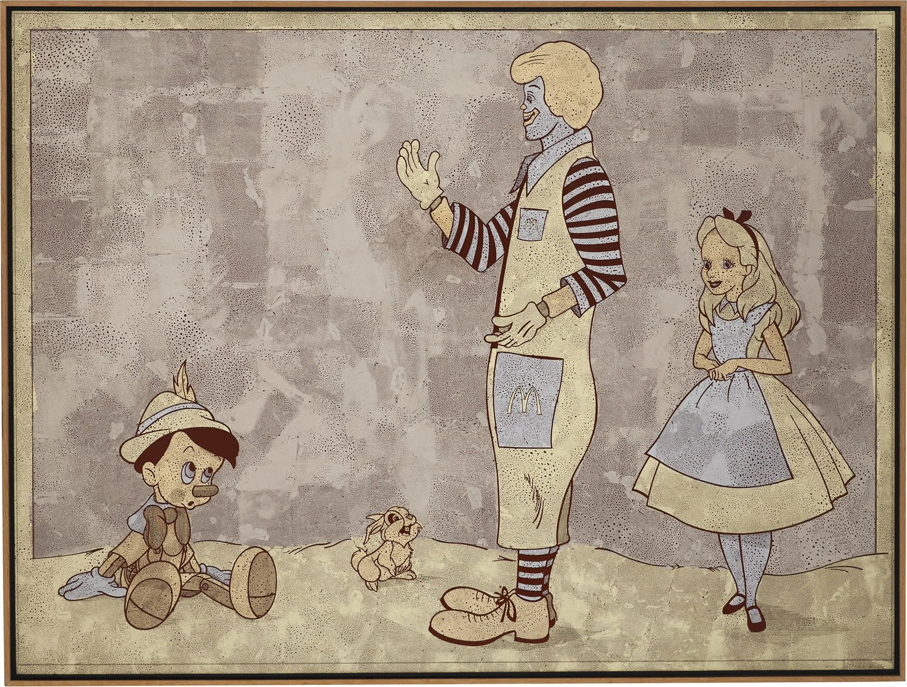 A vintage cartoon-style illustration of characters from the musical 'Beauty and the Beast' on a beige background. The characters include a young boy with a hat sitting and looking up, a small dog, a tall man with a striped shirt, apron, and striped s