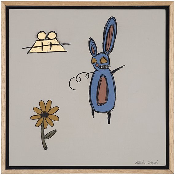 A framed drawing featuring a blue bunny with tall ears, a yellow flower with a brown center, and a yellow object with two white circles on top, all on a white background.
