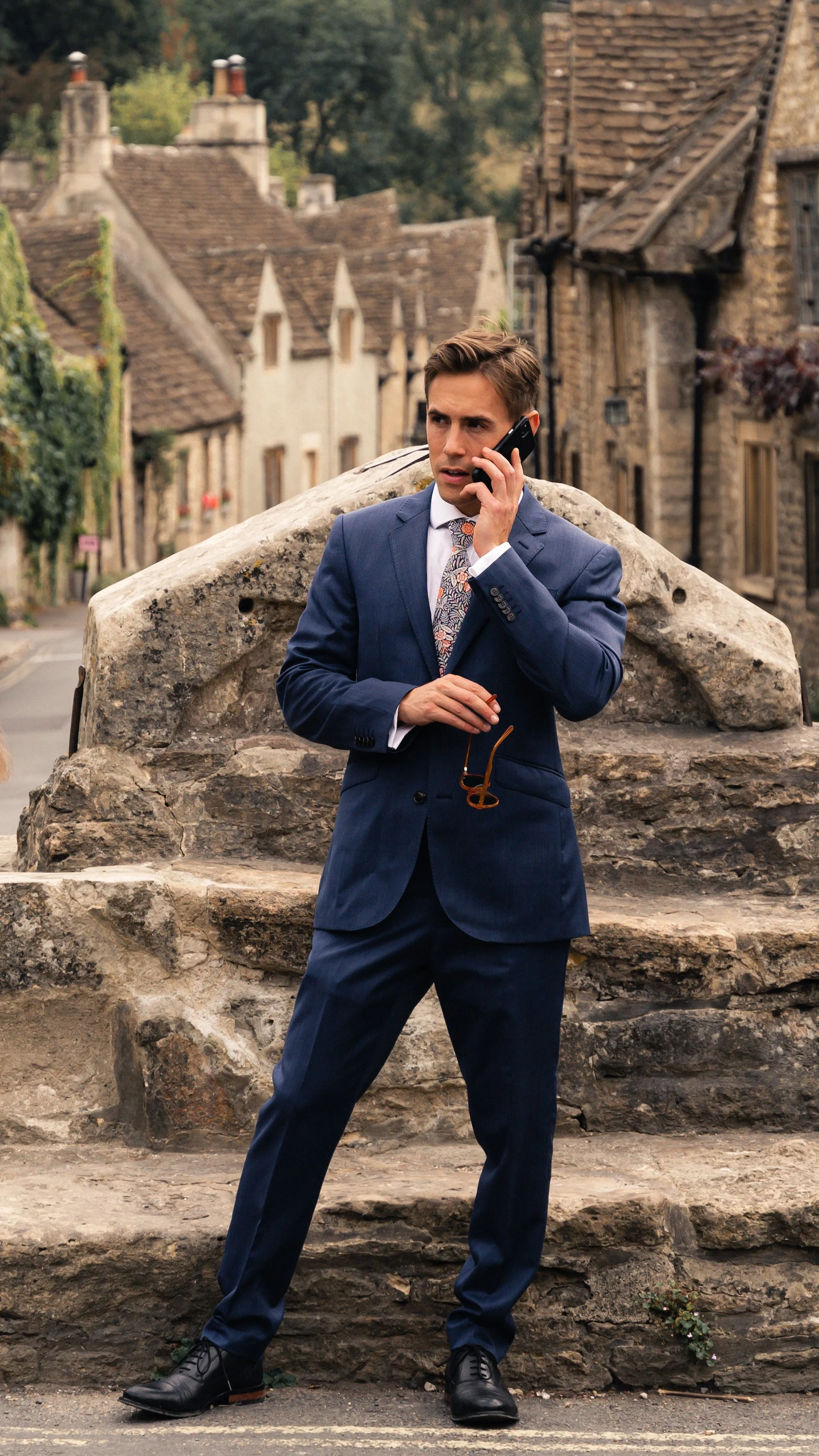 A man in a blue suit stands on a stone ledge, talking on a cell phone, with a scenic village street and stone buildings in the background.