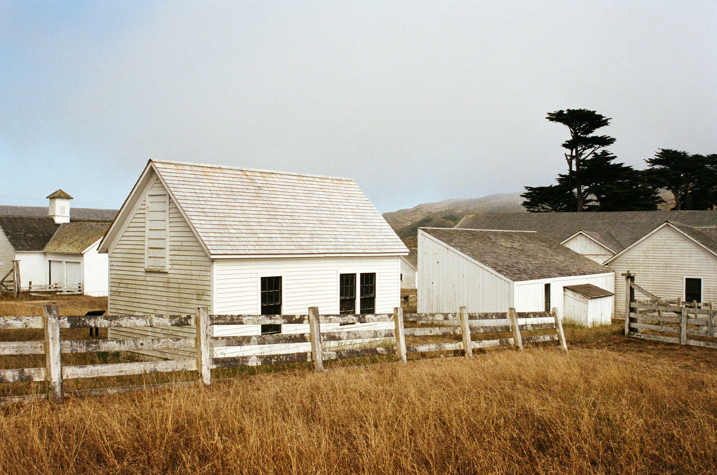 The white buildings of Pierce point Ranch glow in the sun-pierced fog.