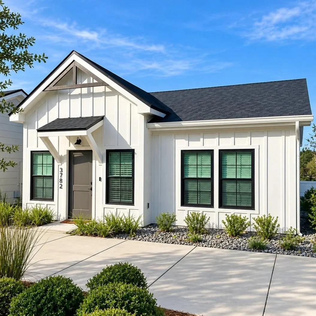 Exterior view of a private one-bedroom rental cottage at Cottages on the Avenue, a pet-friendly residential community in Gainesville, Florida.