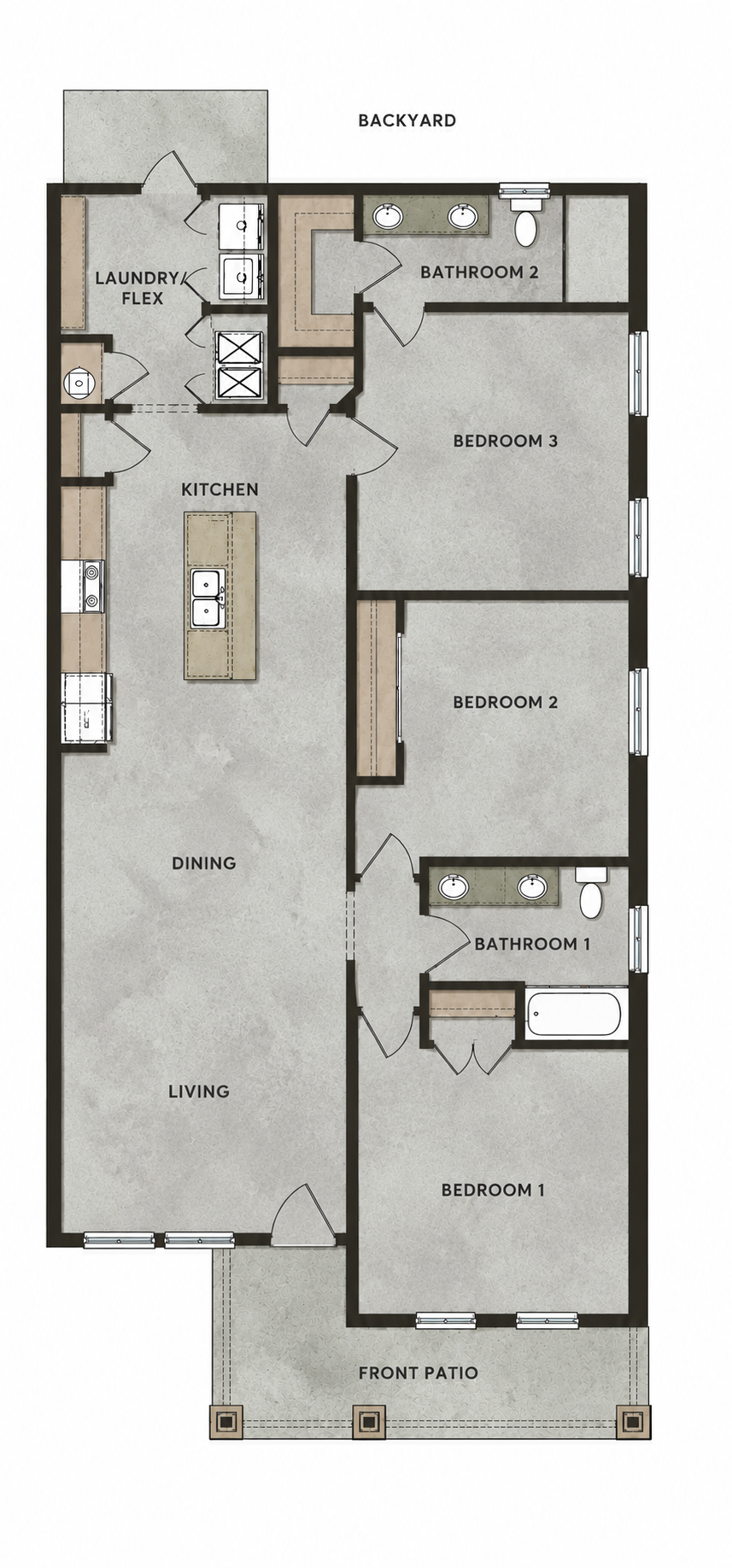 Three-bedroom, two-bathroom duplex floor plan for the right-side rental home at Cottages on the Avenue in Gainesville, FL, illustrating the room arrangement and living spaces.