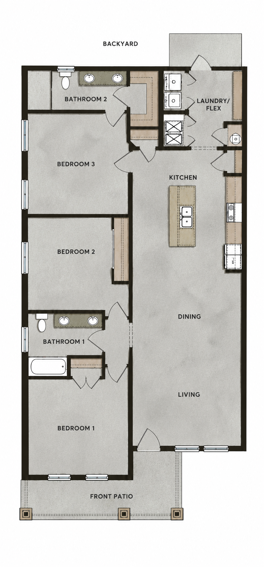 Floor plan of the left-side three-bedroom, two-bathroom duplex rental at Cottages on the Avenue in Gainesville, Florida, showing the home's interior layout. Copy