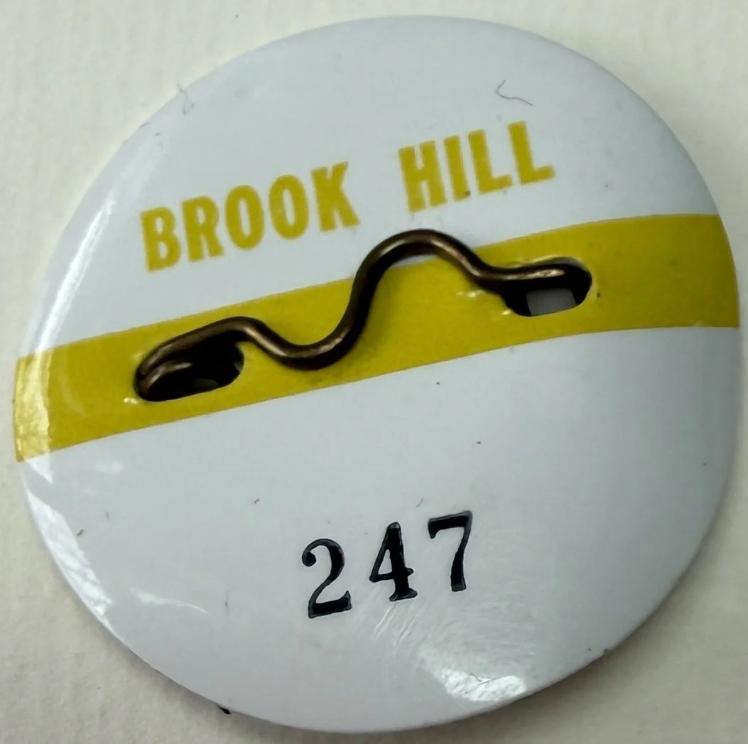 white button number 247 in black the words Book hill in Yellish green