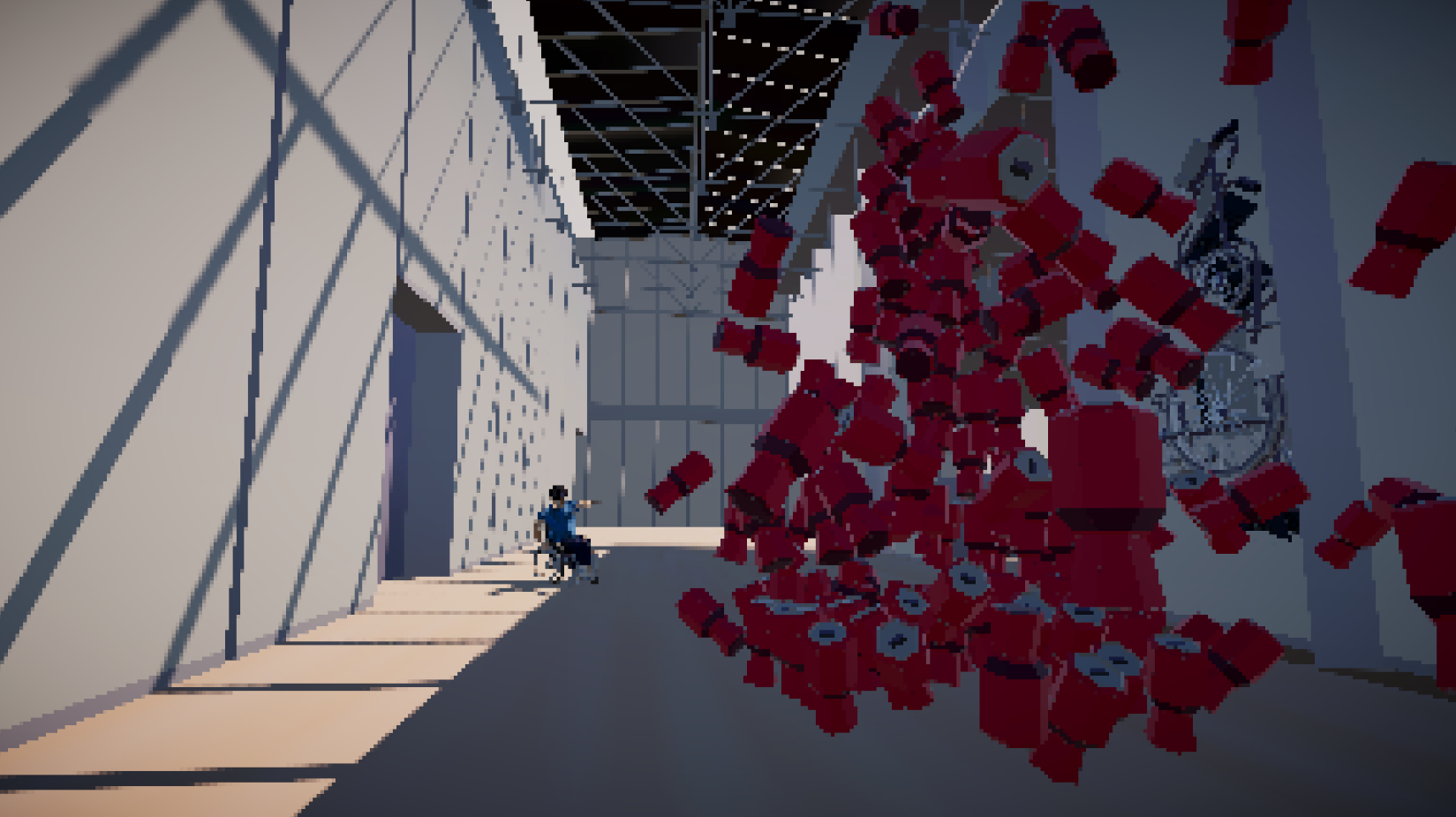 Extra score is provided for the objects struck by the scattered cans, as well as the sheer distance the player manages to throw the prosthetic leg.