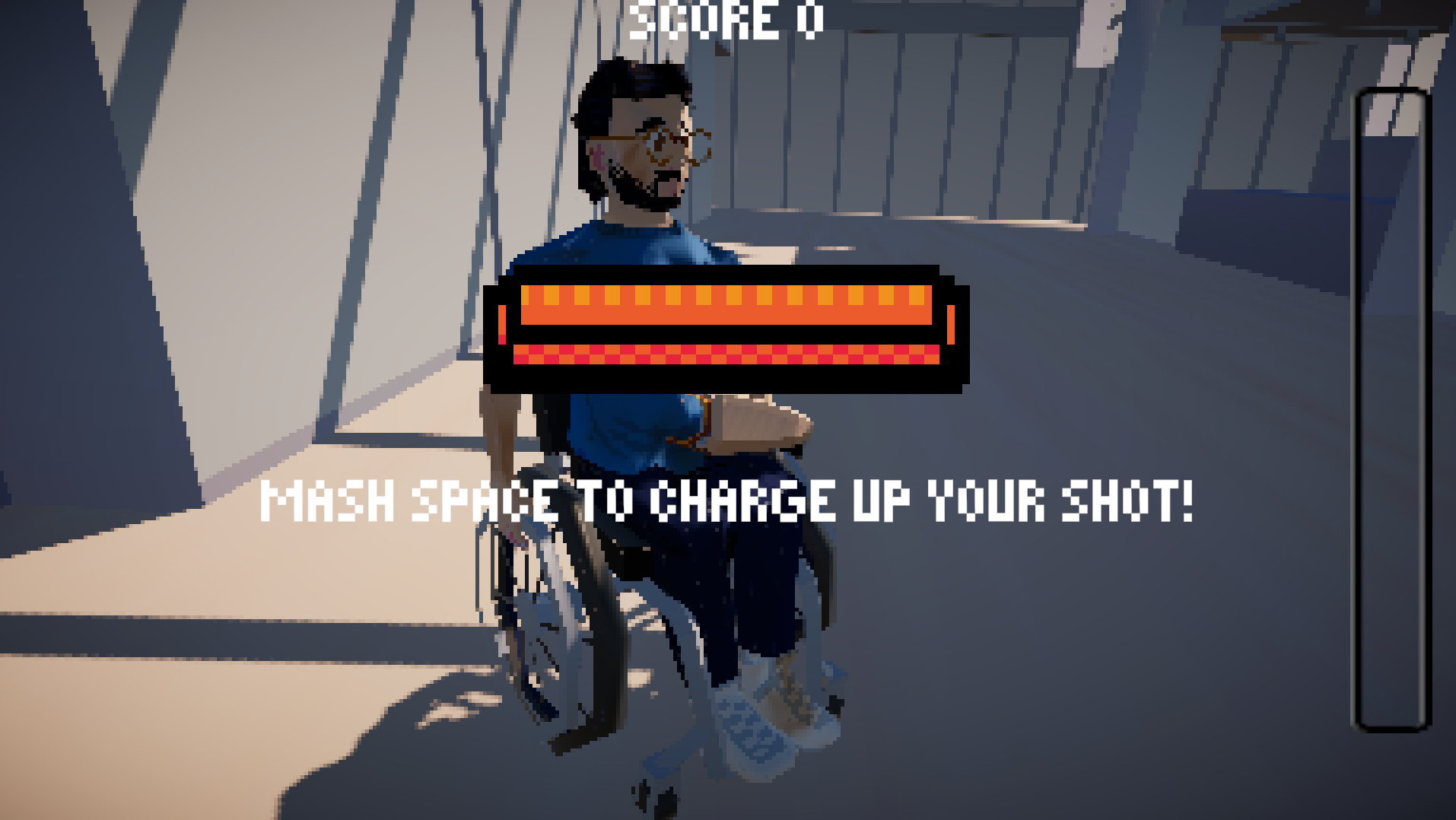 Players charge up their shots with an initial button mashing minigame - adjustable for accessibility - using the space and arrow keys/WASD