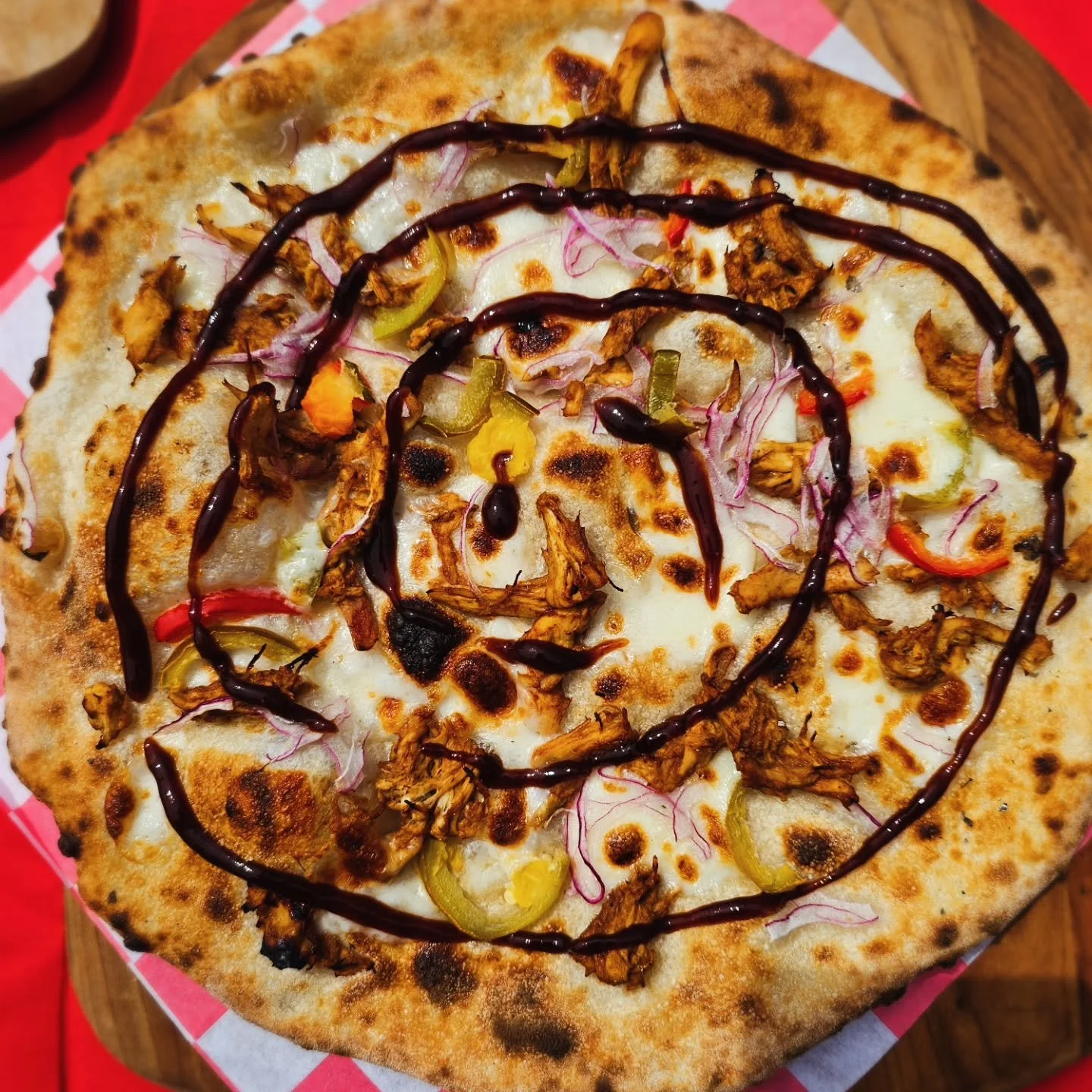 BBQ Chicken | Hot Cherry Peppers | Thin Sliced Red Onion | Smoky BBQ Sauce