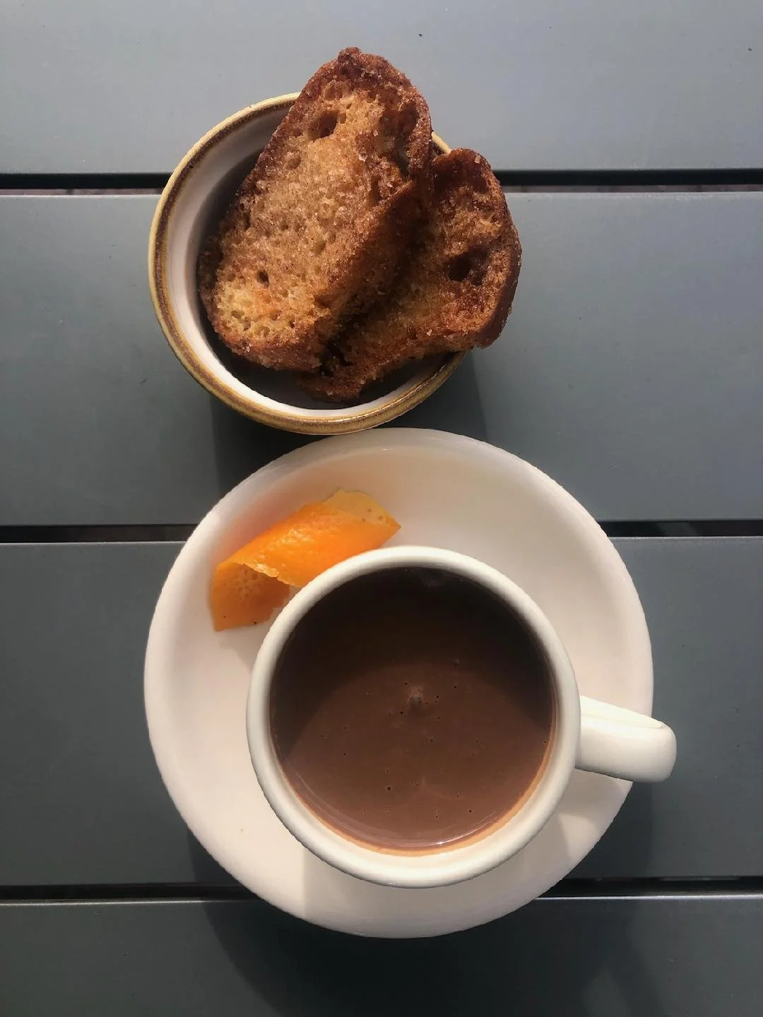 Spanish hot chocolate and cinnamon croutons