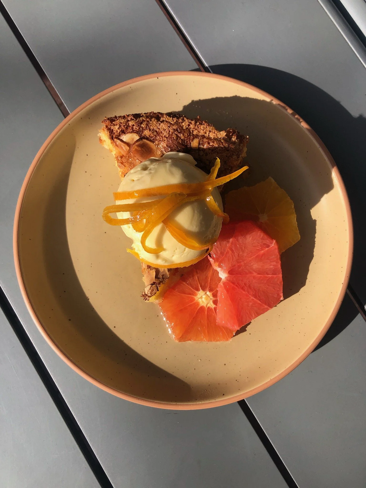 dessert with lavender ice cream and citrus compote