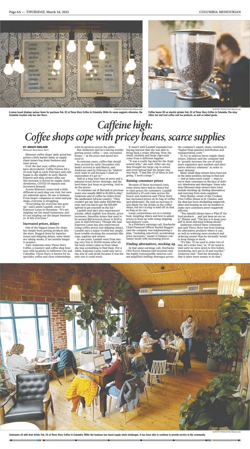 Story by Grace Nieland,
Photos by Hunter Pendleton, 
Design by Emma Moloney. I made an edit and toned the coffee photos, then helped the designer create the page by choosing the main photo.