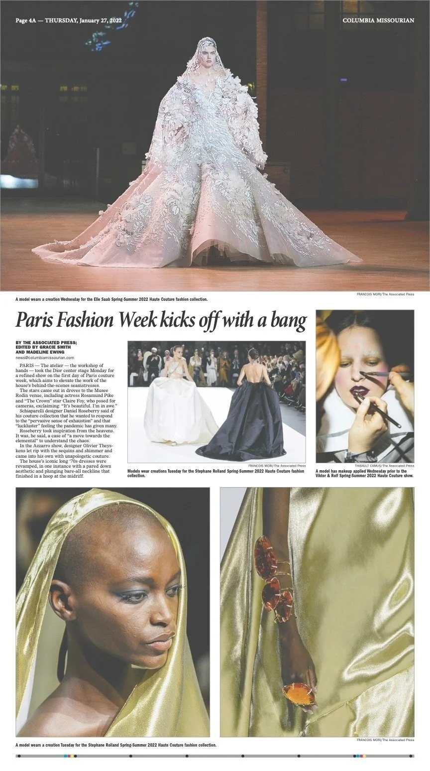 Story and Photos by the Associated Press,
Design by Emma Moloney. Madeline Ewing and I went to the AP Newsroom website to find photos from Paris Fashion Week, made and edit together, then helped the designer by telling them what photos we wanted on t