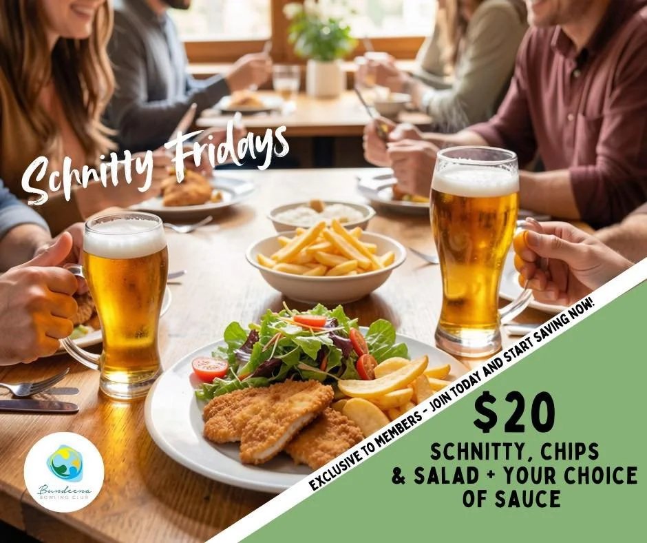 FRI-YAY at the Bowlo 🍻☀️

Knock off early, round up your crew and slide into the best part of the week. We&rsquo;re open from 12 noon, Happy Hour rolls from 3&ndash;6pm, and our legendary $20 schnitzels are on for lunch AND dinner.

Cold beers, cris