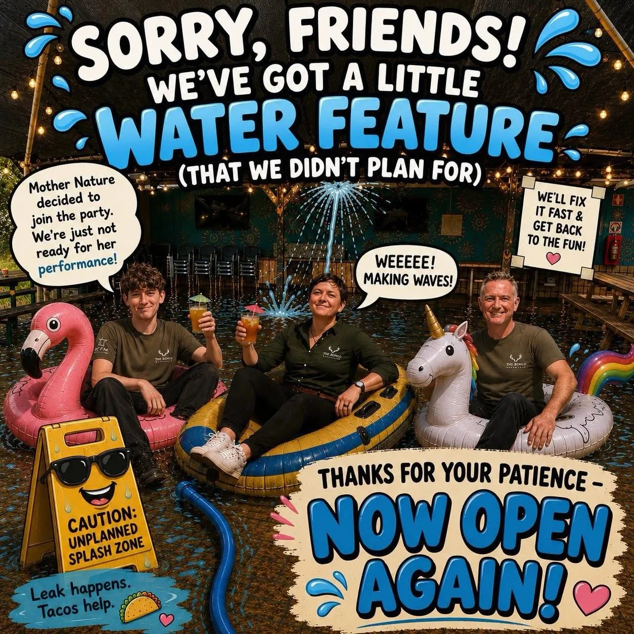 We are good to go again after our water leak this morning! Thanks for your patience, but the beer is back flowing again and the kitchen is open!!! Se you at the Bowlo