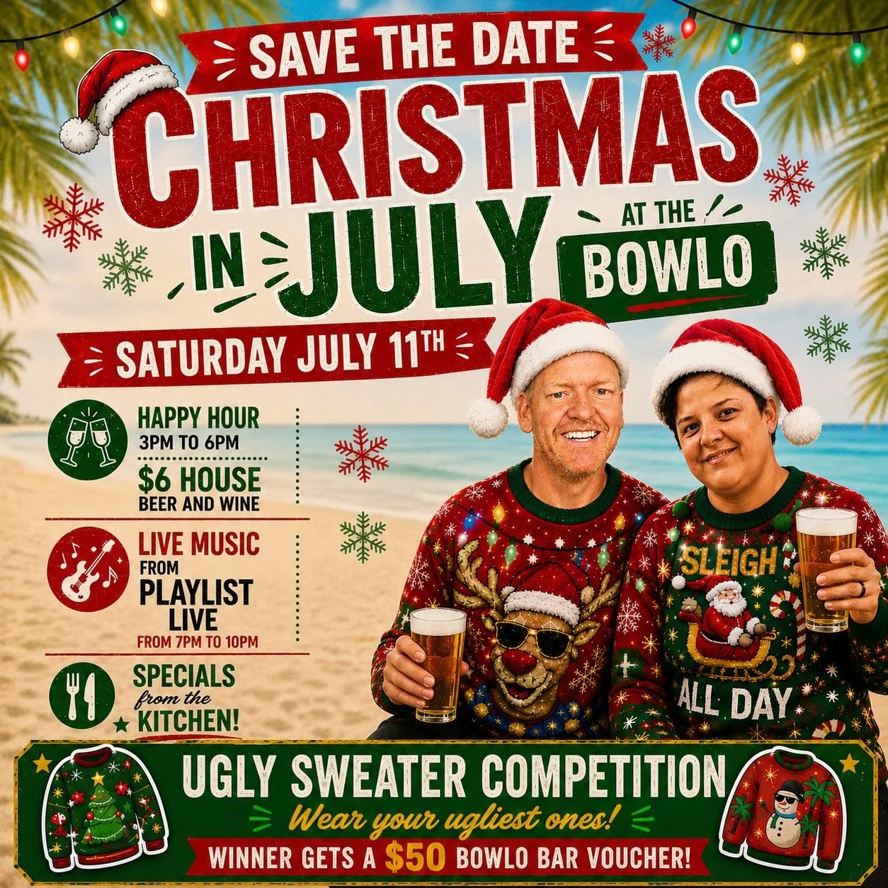 🎄❄️ SAVE THE DATE ❄️🎄

Get ready for the ultimate BOWLO XMAS IN JULY PARTY! 🍻🎶🎅

Join us for an afternoon and night full of festive fun with:
🍺 HAPPY HOUR from 3pm&ndash;6pm featuring $6 house beer &amp; wine
🎵 LIVE MUSIC by PLAYLIST LIVE from