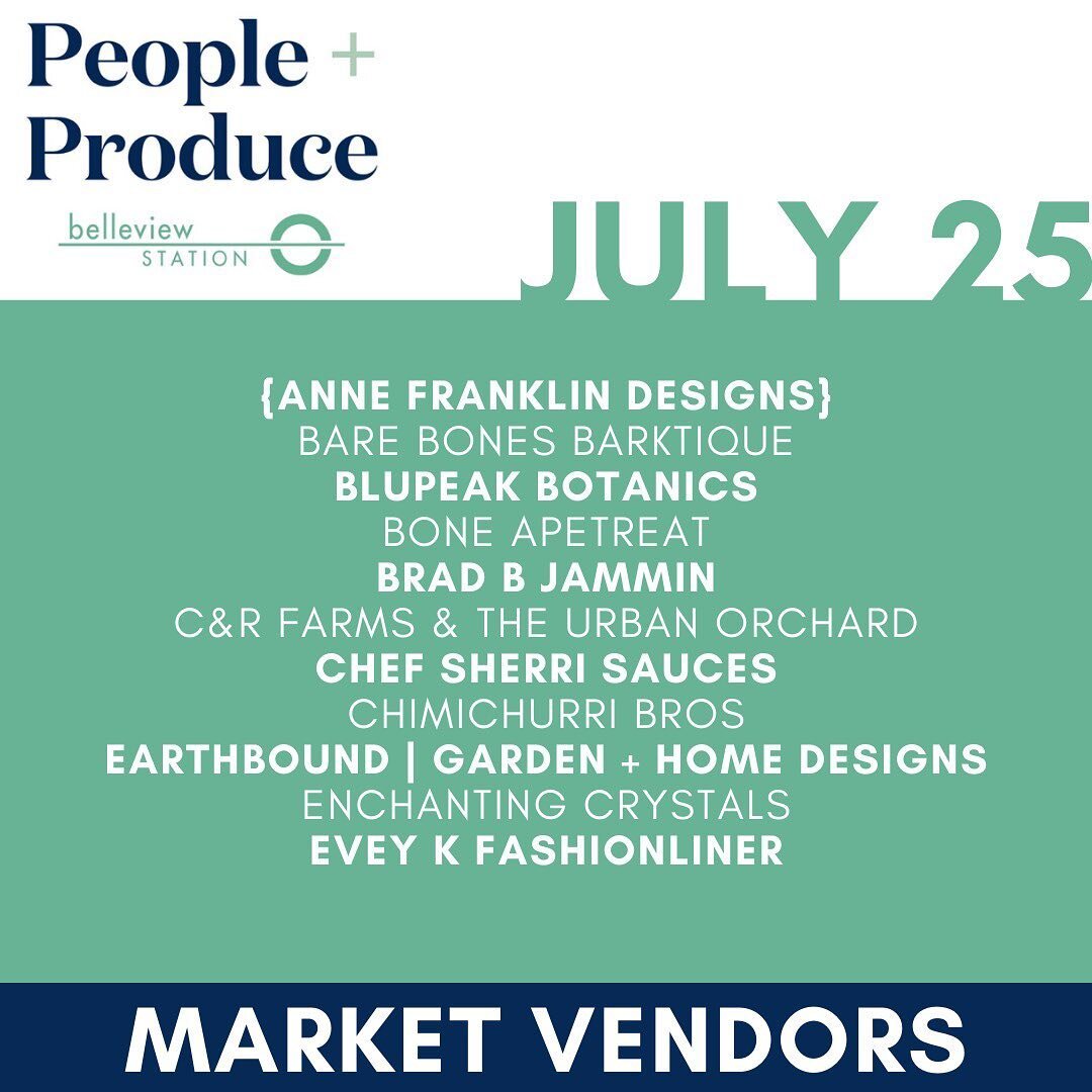 Sunday, July 25th Vendor Lineup! 🛍✨

Shop 45+ Local Food &amp; Craft Vendors every Sunday at Belleview Station from 9AM - 1PM.