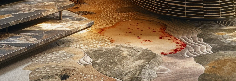 Close-up of a modern rug with a multicolored, abstract pattern and a textured surface in a contemporary interior.