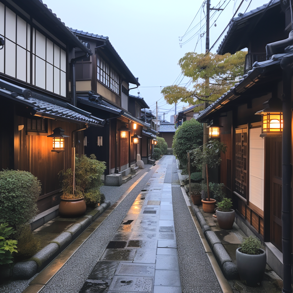 A narrow traditional Japanese street lined with wooden houses, potted plants, and warm outdoor lantern lighting during a rainy evening.