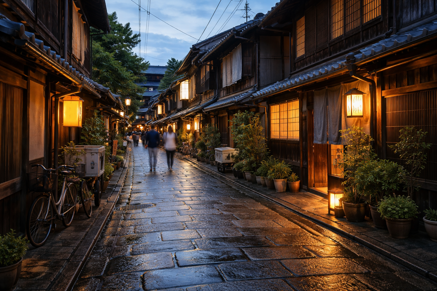 A narrow, wet street in a traditional Japanese town during dusk, illuminated by warm lanterns and lamps, with potted plants lining the wooden houses.