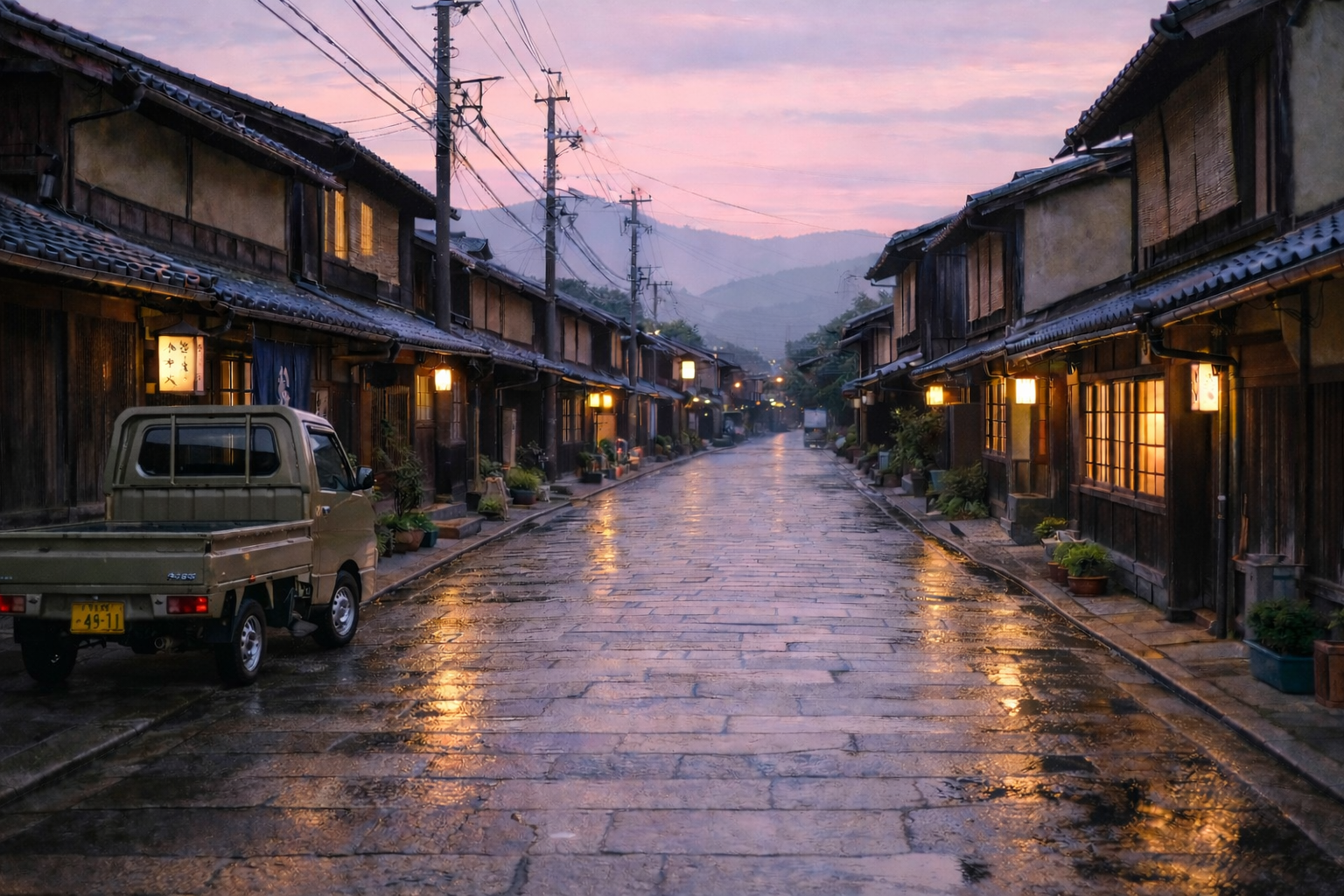 A quiet street in a traditional Japanese town during sunset, with wet cobblestone pavement, wooden houses with warm lit lanterns, potted plants, and utility poles in the background.