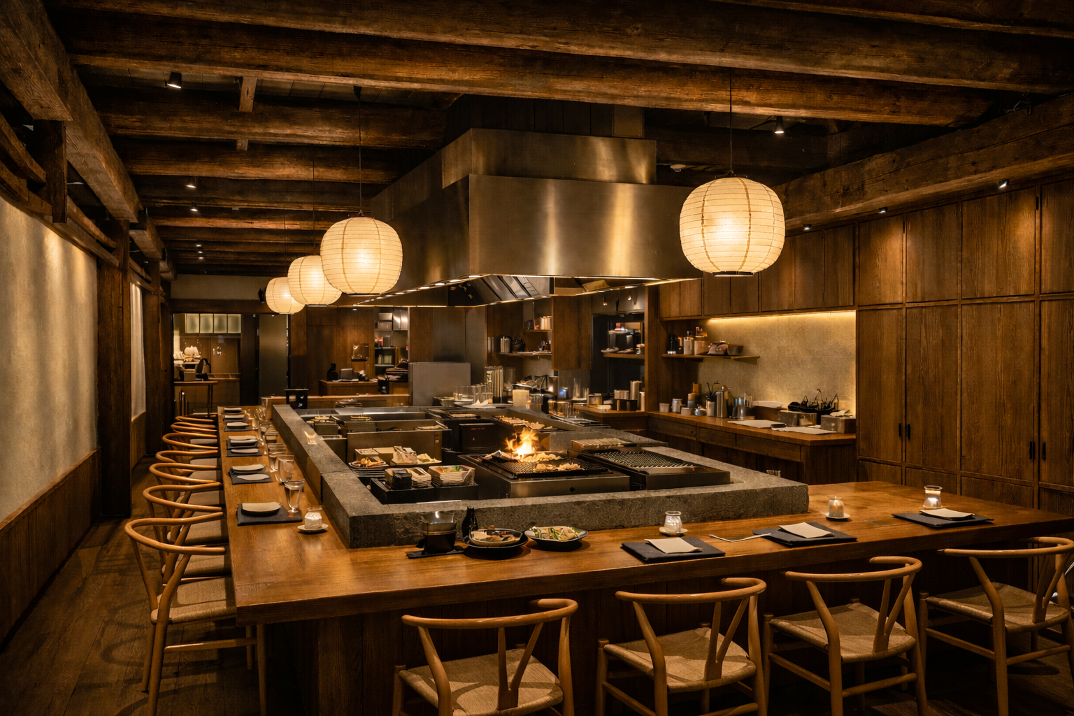 A cozy Japanese restaurant interior with a large central grill, wooden furniture, paper lanterns, and wood-paneled walls.