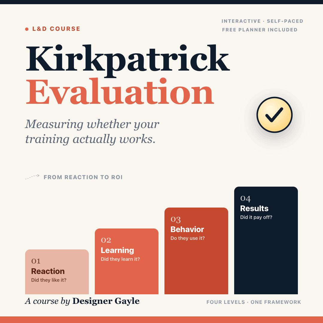 Advertisement for Kirkpatrick Evaluation course, measuring training effectiveness with four levels: Reaction, Learning, Behavior, Results. Includes course details and framework. This course was created by designer gayle bower.